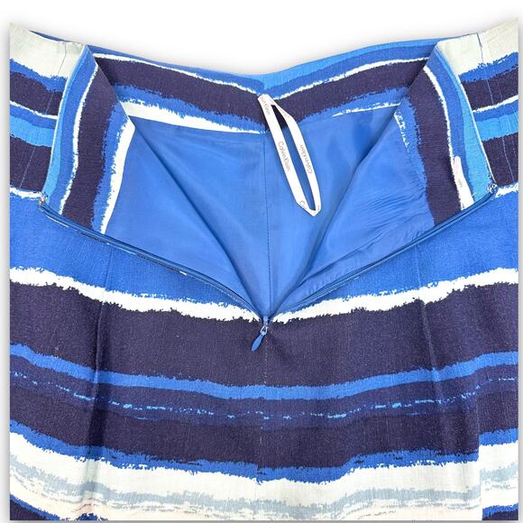 Calvin Klein Linen Blend A-line Knee Length Skirt Pleated Blue Striped Size 16 - Picture 5 of 7